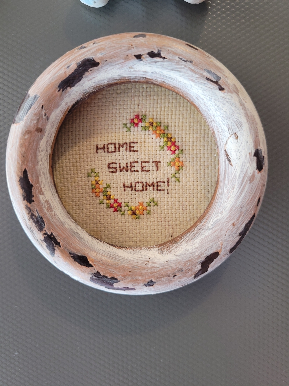 Handmade 'Home Sweet Home' Cross Stitch in Distressed Wood Frame
